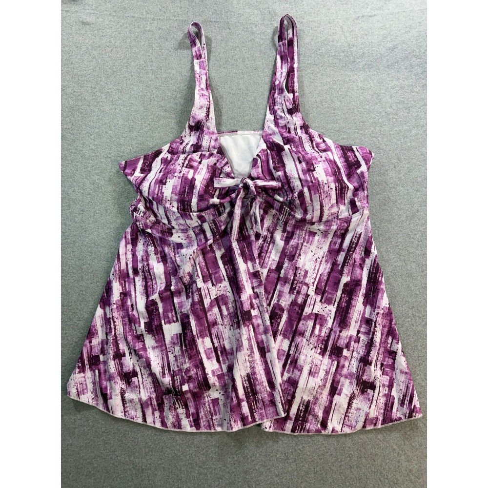 Purple Abstract Brushstroke Print Swim Tankini Top Plus Size 6XL Tie Front Flare
